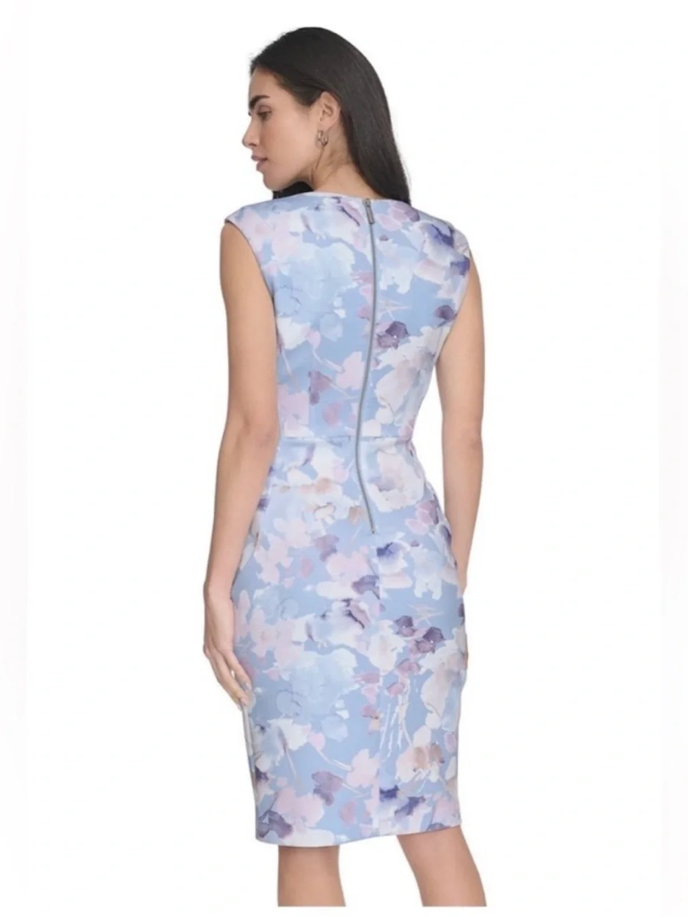 💙 NWT! Blue & White CALVIN KLEIN Floral V-Neck Sleeveless Sheath Dress - Size 10 - Picture 7 of 11